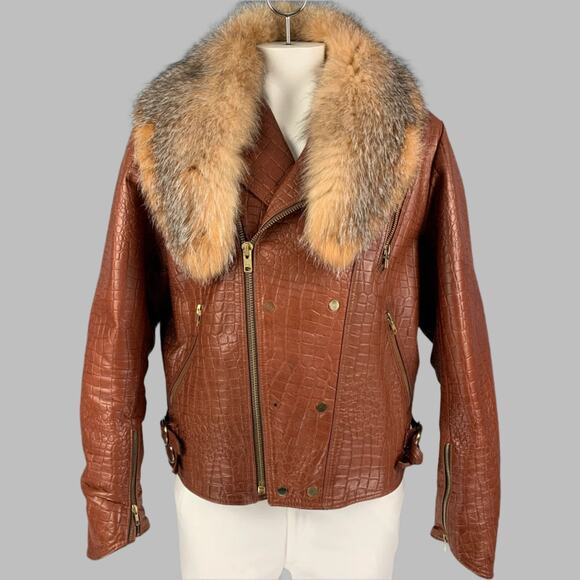 JAKE WOOD Size XL Brown Embossed Leather Biker Jacket - Picture 1 of 1